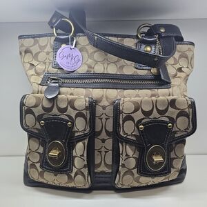 Coach Signature Canvas Pocket Tote in Khaki/Chocolate